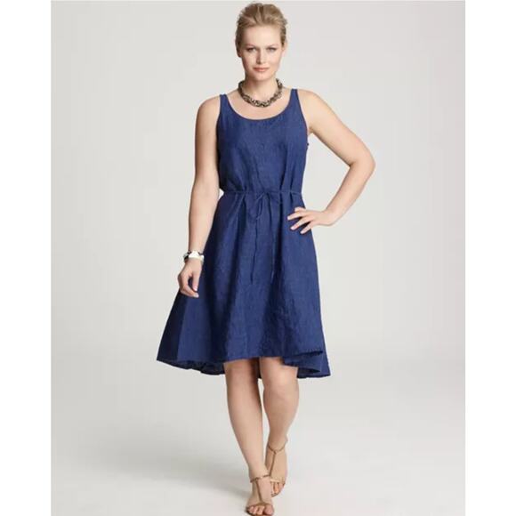 Eileen Fisher Dresses & Skirts - Eileen Fisher Linen Dress Size Small Blue Sleeveless Strappy Tie Waist Fit Flare